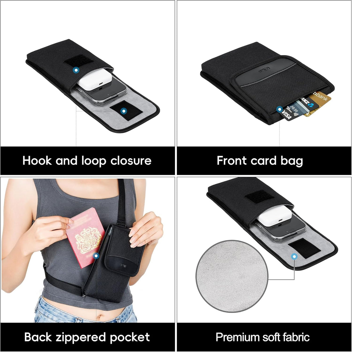 Travel Neck Phone Holster Pouch for 17 16 15 Pro Max 26 S25 | for 4.5-6.7" smartphones, adjustable crossbody strap, Card slot & zipper pocket, shock padding, water-resistant Oxford