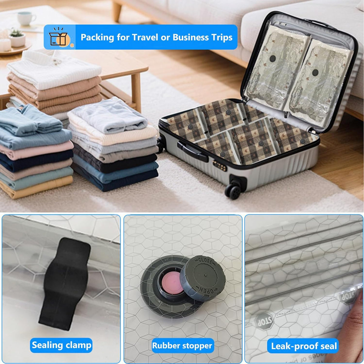 Cordless Vacuum Storage Bags with Electric Pump, Rechargeable Space Saver Compression Bags for Travel, Leak-proof Seal for Clothes, Bedding, Luggage & Suitcase
