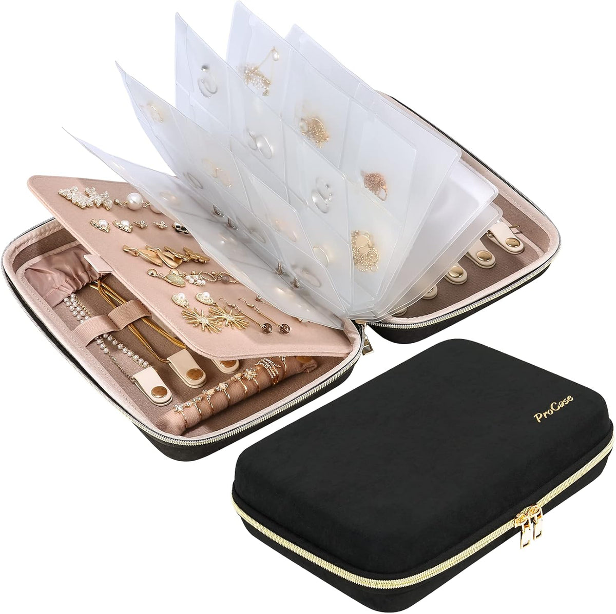 Large Travel Jewelry Organizer Case, Jewellery Home Storage Book Ring Binder with Clear Pockets for Presentation, Zippered Pouch Bag for Earrings Necklaces Bracelets -Black
