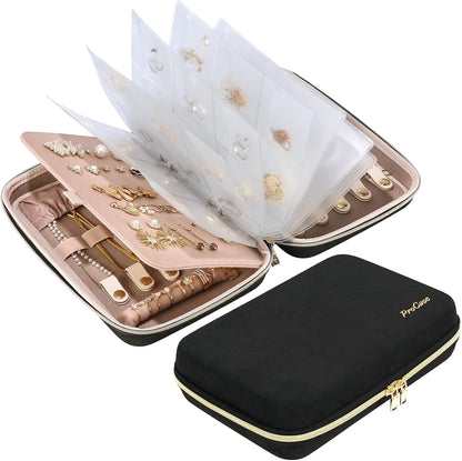 Large Travel Jewelry Organizer Case, Jewellery Home Storage Book Ring Binder with Clear Pockets for Presentation, Zippered Pouch Bag for Earrings Necklaces Bracelets -Black