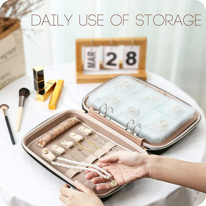 Large Travel Jewelry Organizer Case, Jewellery Home Storage Book Ring Binder with Clear Pockets for Presentation, Zippered Pouch Bag for Earrings Necklaces Bracelets -Black