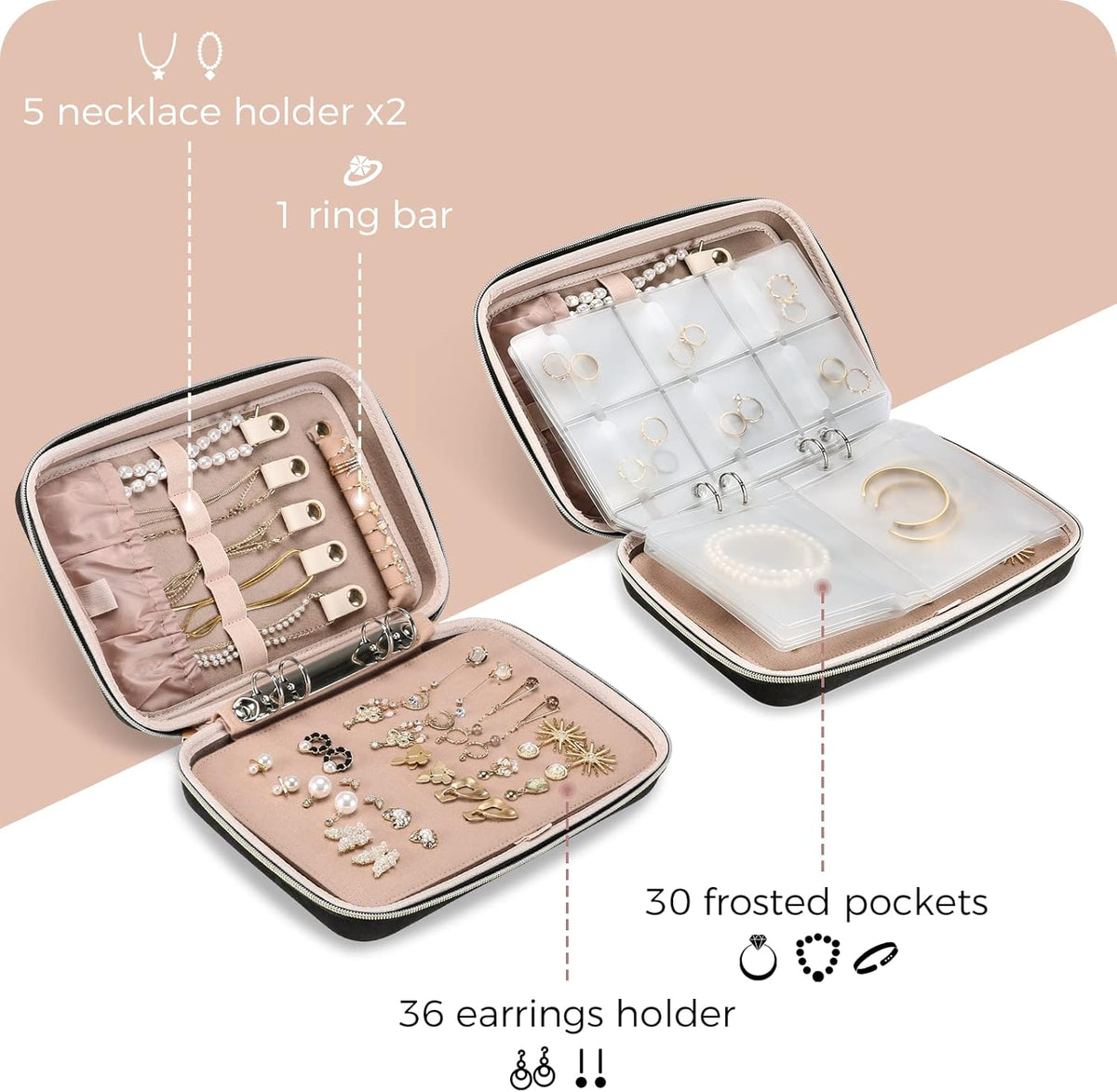 Large Travel Jewelry Organizer Case, Jewellery Home Storage Book Ring Binder with Clear Pockets for Presentation, Zippered Pouch Bag for Earrings Necklaces Bracelets -Black