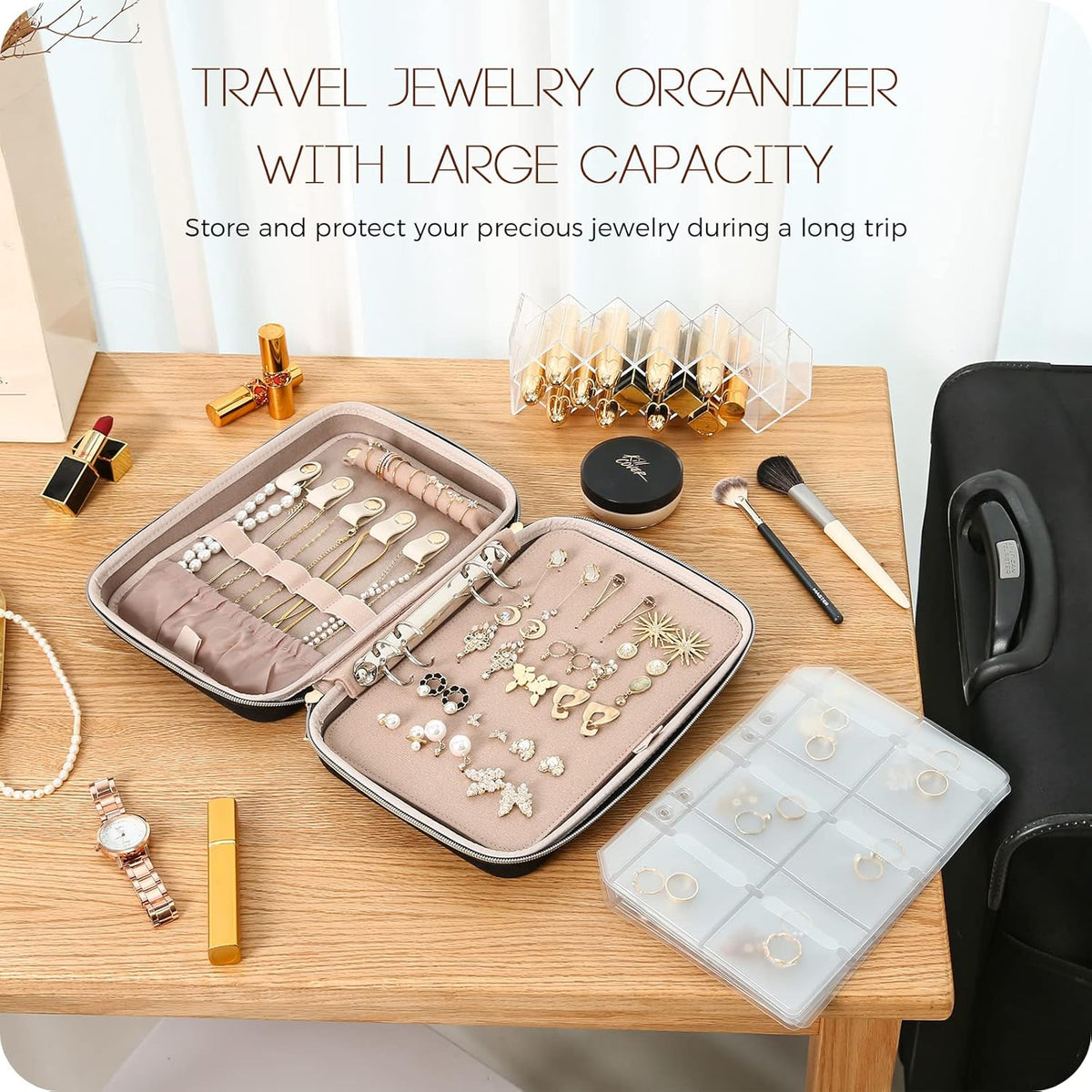 Large Travel Jewelry Organizer Case, Jewellery Home Storage Book Ring Binder with Clear Pockets for Presentation, Zippered Pouch Bag for Earrings Necklaces Bracelets -Black