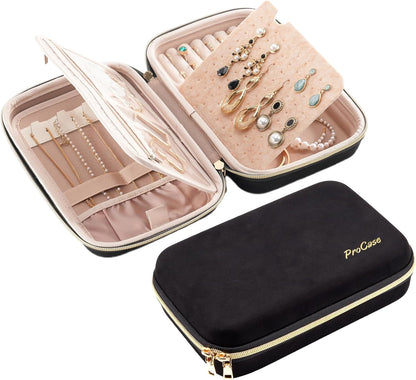Large Travel Jewelry Organizer Case, Jewellery Home Storage Book Ring Binder with Clear Pockets for Presentation, Zippered Pouch Bag for Earrings Necklaces Bracelets -Black