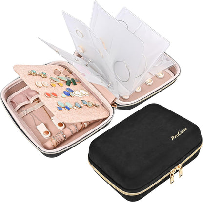 Large Travel Jewelry Organizer Case, Jewellery Home Storage Book Ring Binder with Clear Pockets for Presentation, Zippered Pouch Bag for Earrings Necklaces Bracelets -Black