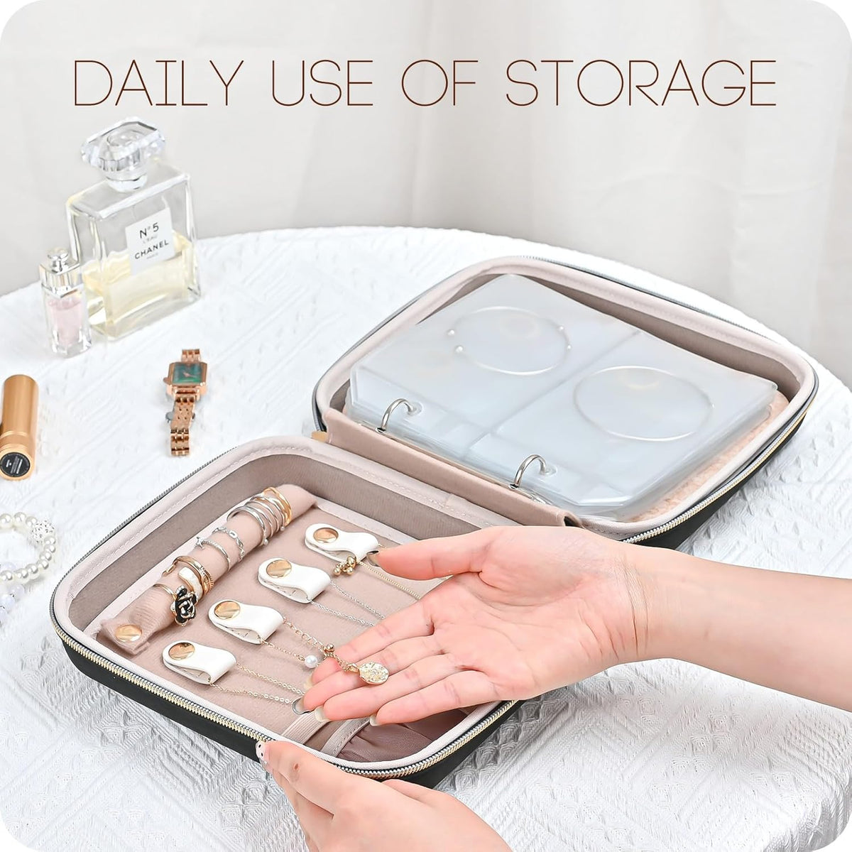 Large Travel Jewelry Organizer Case, Jewellery Home Storage Book Ring Binder with Clear Pockets for Presentation, Zippered Pouch Bag for Earrings Necklaces Bracelets -Black