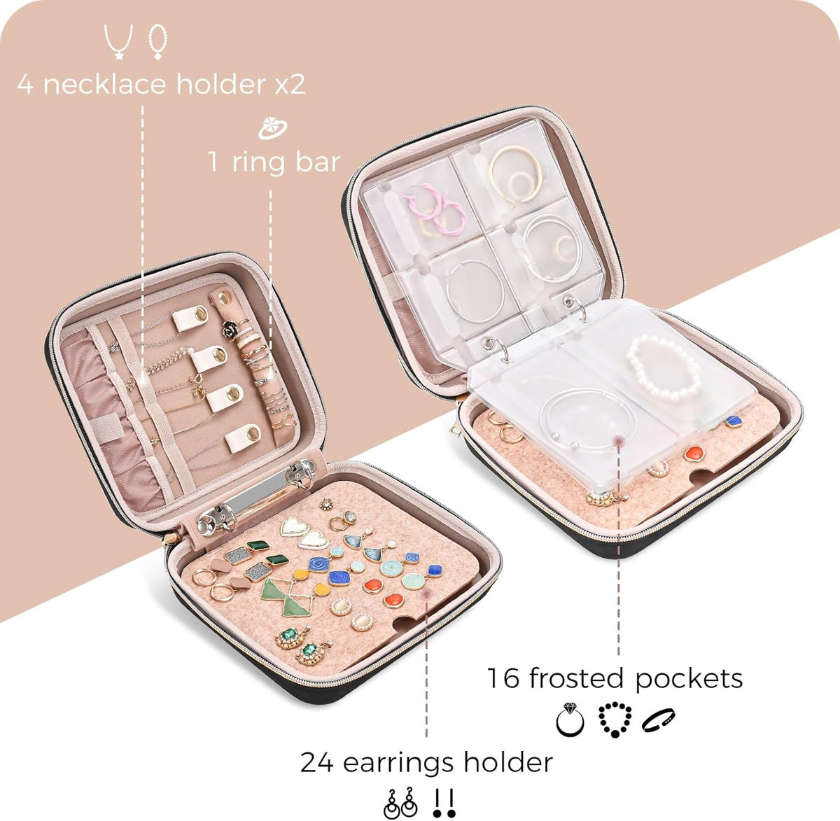 Large Travel Jewelry Organizer Case, Jewellery Home Storage Book Ring Binder with Clear Pockets for Presentation, Zippered Pouch Bag for Earrings Necklaces Bracelets -Black