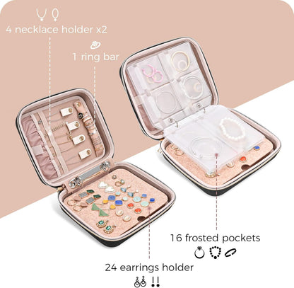 Large Travel Jewelry Organizer Case, Jewellery Home Storage Book Ring Binder with Clear Pockets for Presentation, Zippered Pouch Bag for Earrings Necklaces Bracelets -Black