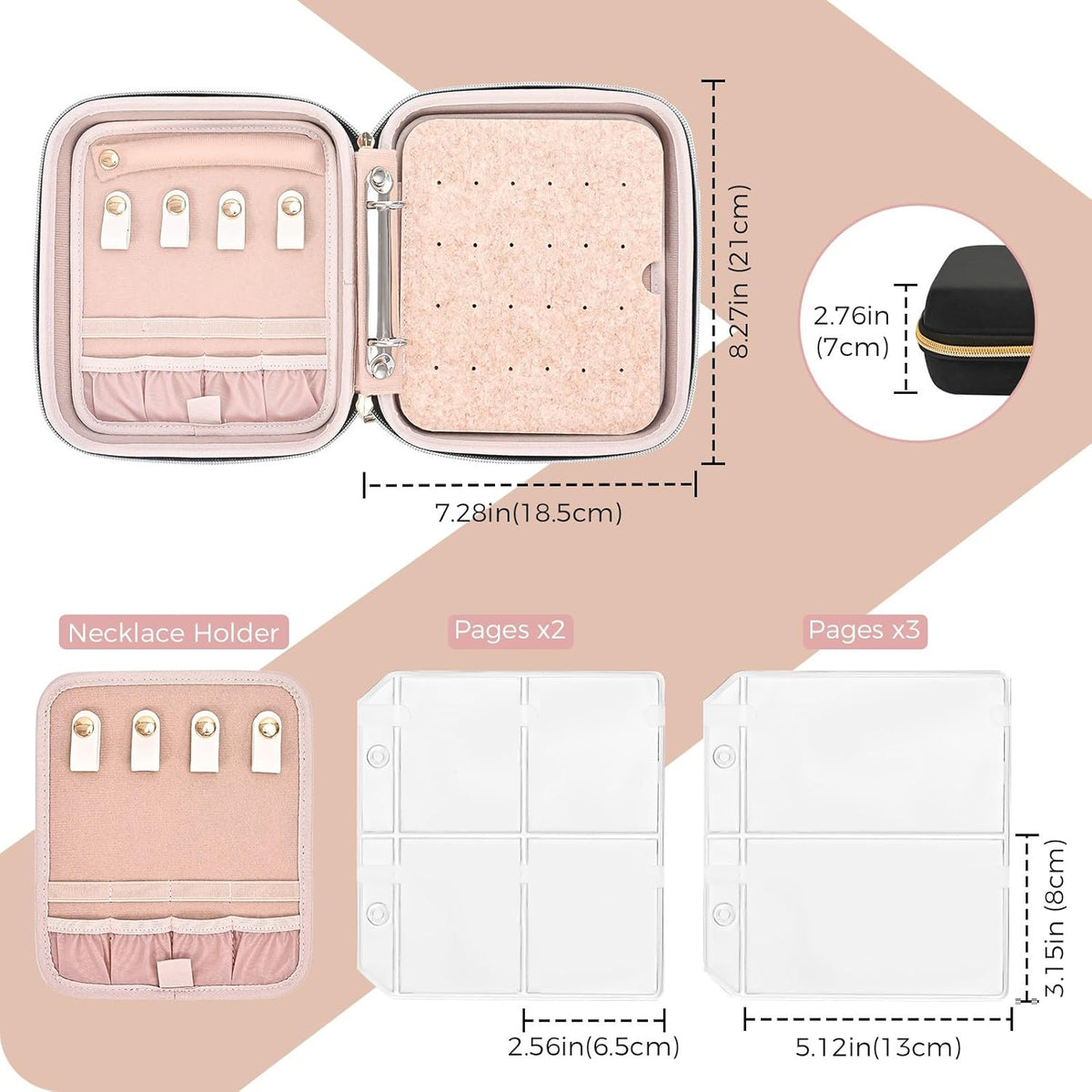 Large Travel Jewelry Organizer Case, Jewellery Home Storage Book Ring Binder with Clear Pockets for Presentation, Zippered Pouch Bag for Earrings Necklaces Bracelets -Black