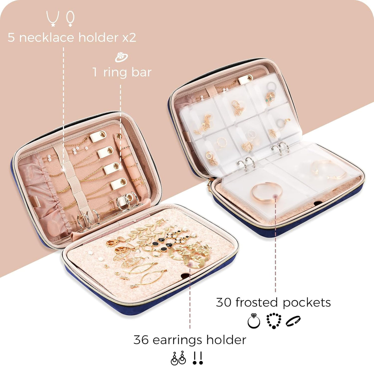 Large Travel Jewelry Organizer Case, Jewellery Home Storage Book Ring Binder with Clear Pockets for Presentation, Zippered Pouch Bag for Earrings Necklaces Bracelets -Black