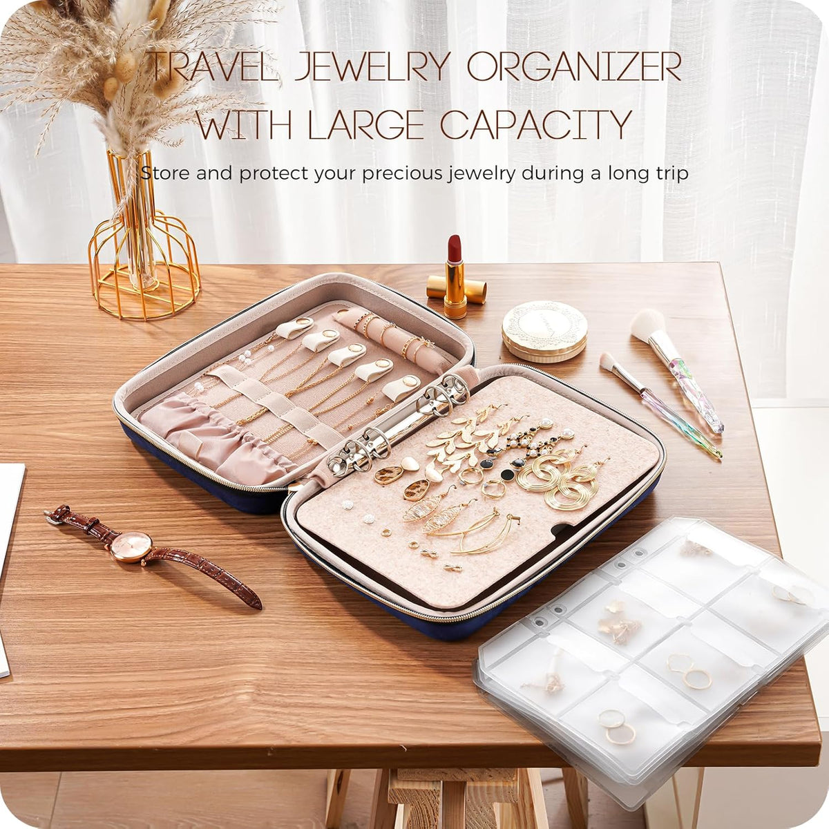 Large Travel Jewelry Organizer Case, Jewellery Home Storage Book Ring Binder with Clear Pockets for Presentation, Zippered Pouch Bag for Earrings Necklaces Bracelets -Black