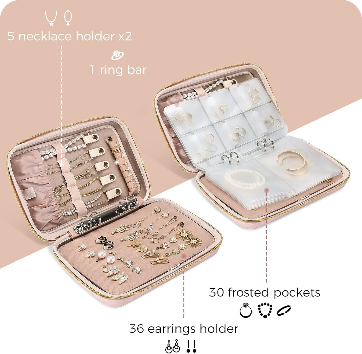 Large Travel Jewelry Organizer Case, Jewellery Home Storage Book Ring Binder with Clear Pockets for Presentation, Zippered Pouch Bag for Earrings Necklaces Bracelets -Black
