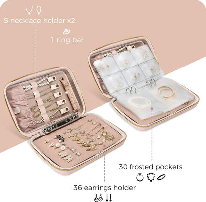 Large Travel Jewelry Organizer Case, Jewellery Home Storage Book Ring Binder with Clear Pockets for Presentation, Zippered Pouch Bag for Earrings Necklaces Bracelets -Black