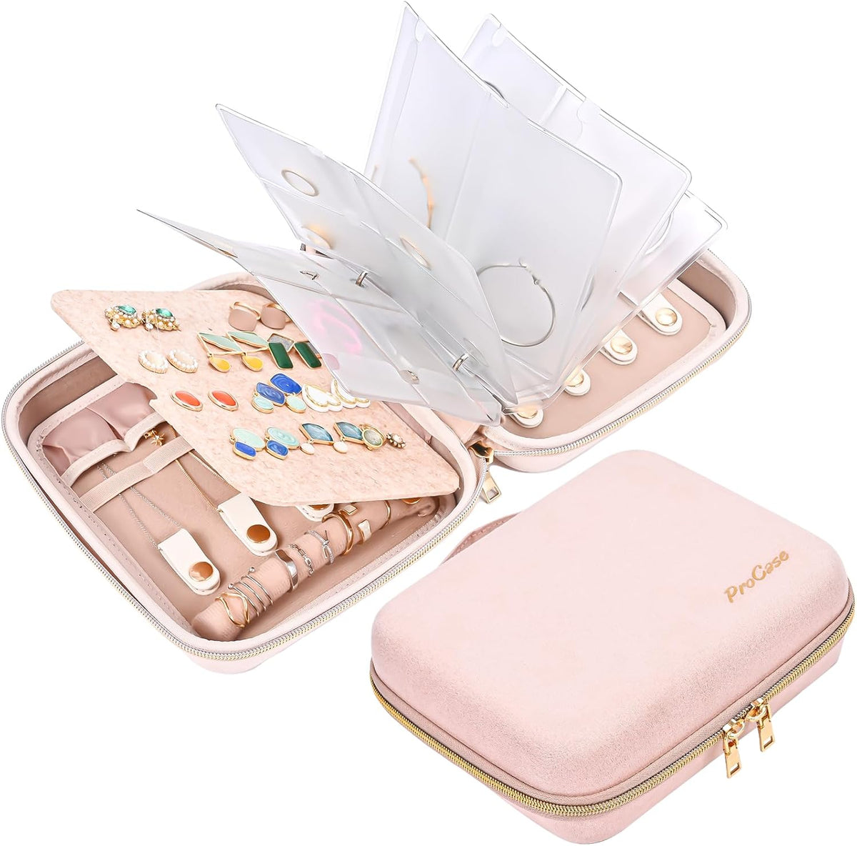 Large Travel Jewelry Organizer Case, Jewellery Home Storage Book Ring Binder with Clear Pockets for Presentation, Zippered Pouch Bag for Earrings Necklaces Bracelets -Black