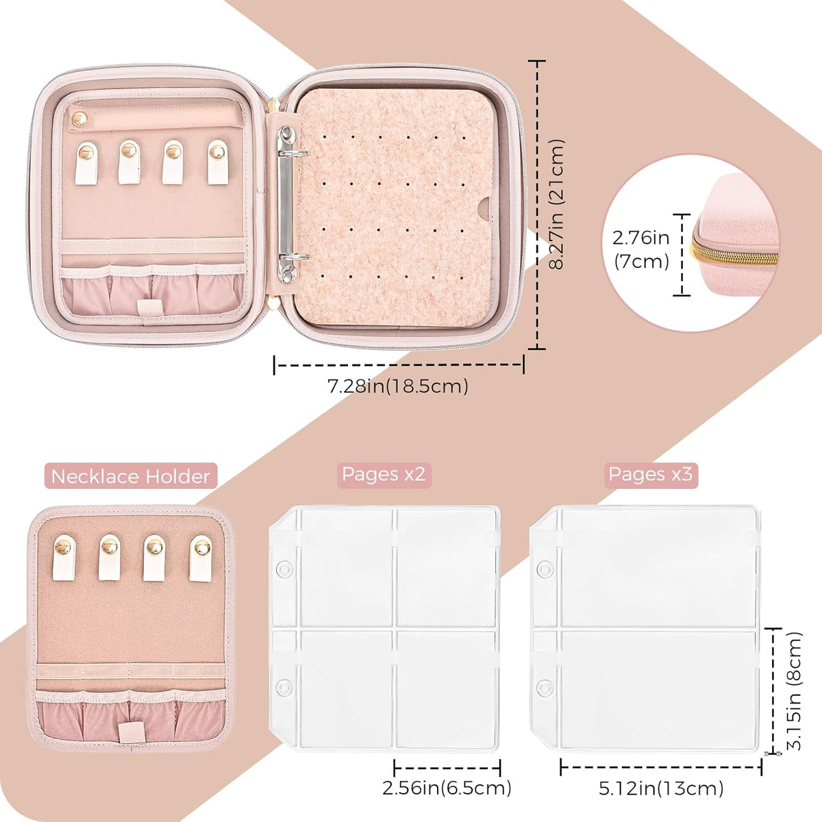 Large Travel Jewelry Organizer Case, Jewellery Home Storage Book Ring Binder with Clear Pockets for Presentation, Zippered Pouch Bag for Earrings Necklaces Bracelets -Black