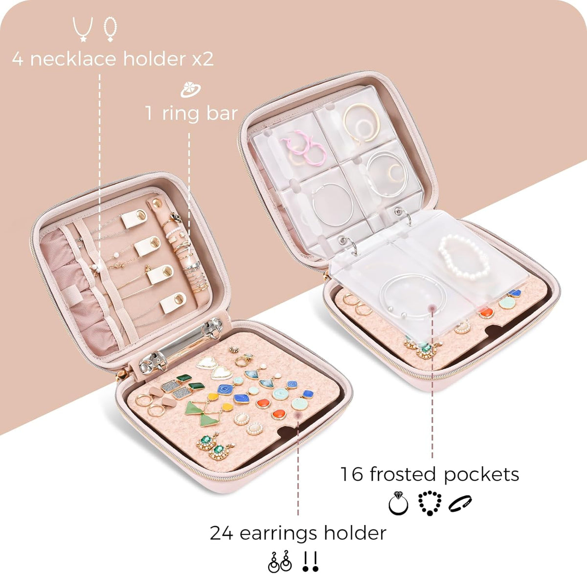 Large Travel Jewelry Organizer Case, Jewellery Home Storage Book Ring Binder with Clear Pockets for Presentation, Zippered Pouch Bag for Earrings Necklaces Bracelets -Black