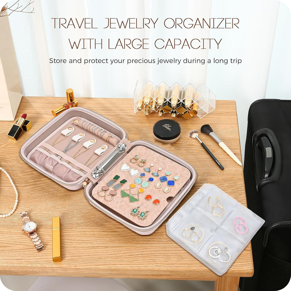 Large Travel Jewelry Organizer Case, Jewellery Home Storage Book Ring Binder with Clear Pockets for Presentation, Zippered Pouch Bag for Earrings Necklaces Bracelets -Black