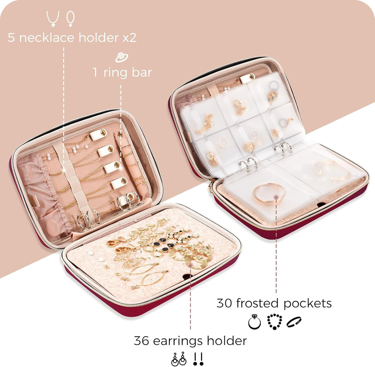 Large Travel Jewelry Organizer Case, Jewellery Home Storage Book Ring Binder with Clear Pockets for Presentation, Zippered Pouch Bag for Earrings Necklaces Bracelets -Black