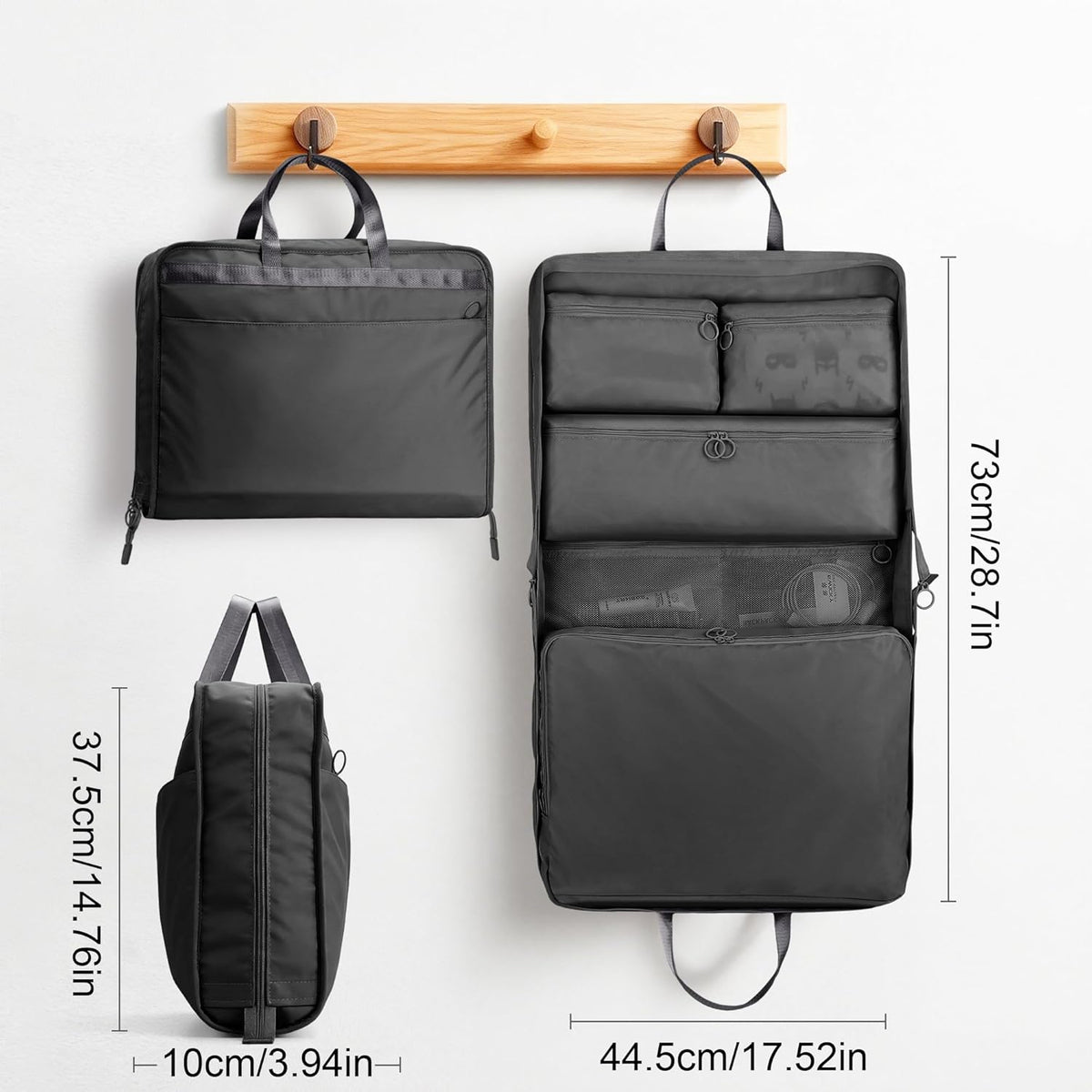 Hanging Suitcase Organizer, 5 in 1 Foldable Travel Storage Bag for Women, Portable Packing Cube Closet with Compartments for Clothes (Black)