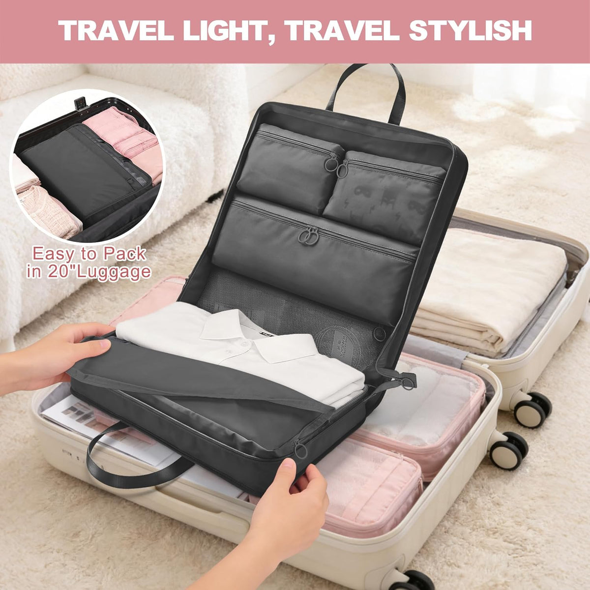 Hanging Suitcase Organizer, 5 in 1 Foldable Travel Storage Bag for Women, Portable Packing Cube Closet with Compartments for Clothes (Black)