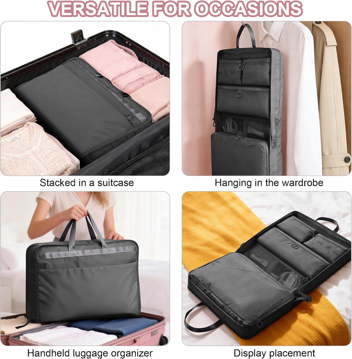 Hanging Suitcase Organizer, 5 in 1 Foldable Travel Storage Bag for Women, Portable Packing Cube Closet with Compartments for Clothes (Black)