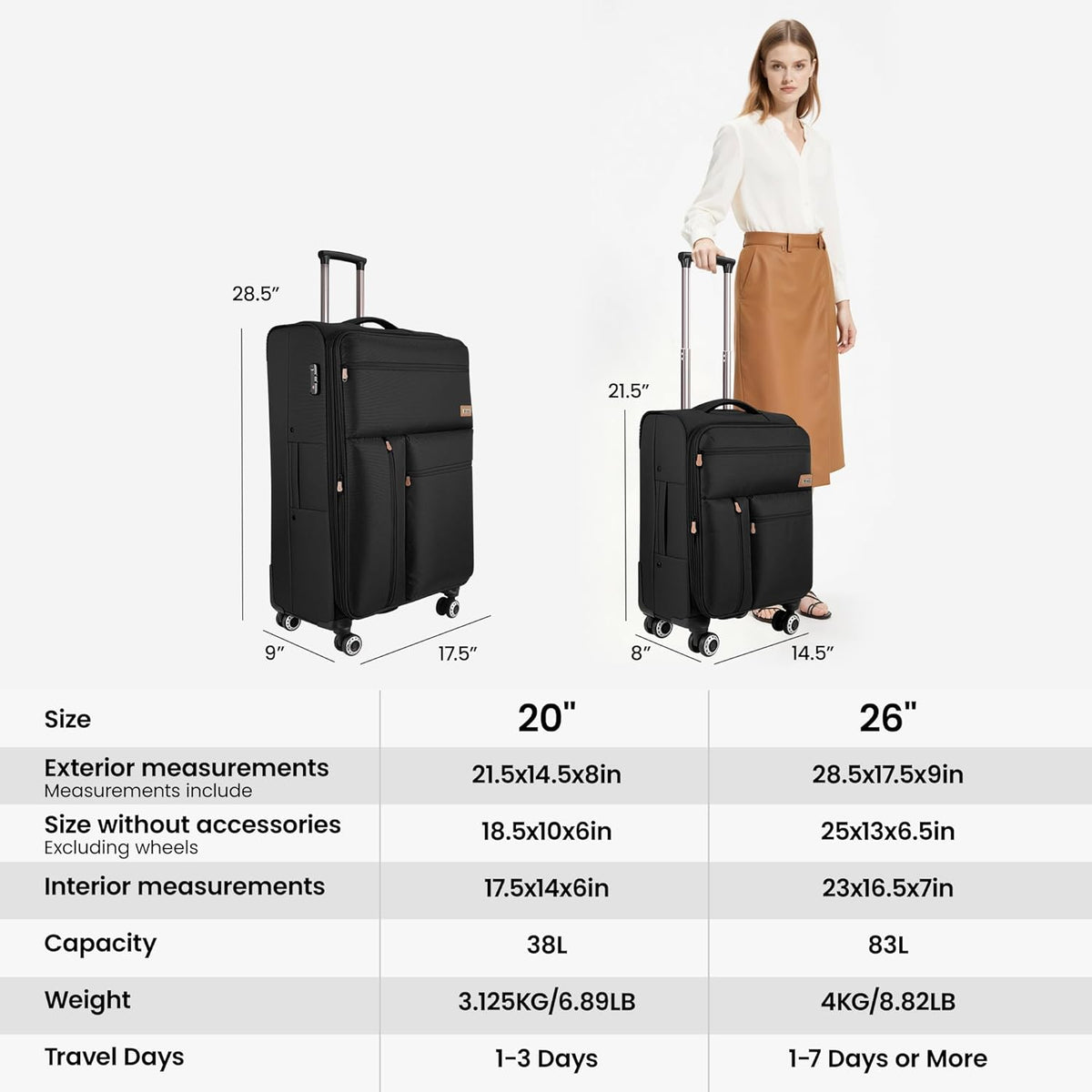 20'' Carry on Luggage,Softside Suitcase w/TSA LOCK,Expandable 20% Luggage w/Double Spinner Wheels,Lightweight Rolling Suitcases for Men/Women（Navy,20in）