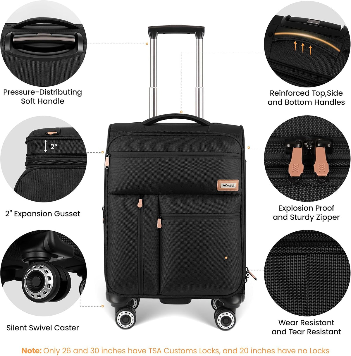 20'' Carry on Luggage,Softside Suitcase w/TSA LOCK,Expandable 20% Luggage w/Double Spinner Wheels,Lightweight Rolling Suitcases for Men/Women（Navy,20in）
