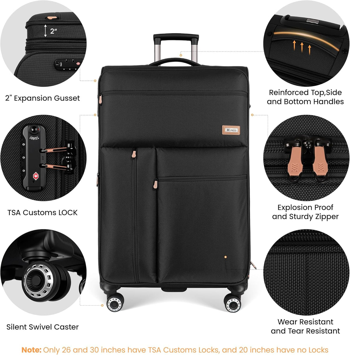 20'' Carry on Luggage,Softside Suitcase w/TSA LOCK,Expandable 20% Luggage w/Double Spinner Wheels,Lightweight Rolling Suitcases for Men/Women（Navy,20in）