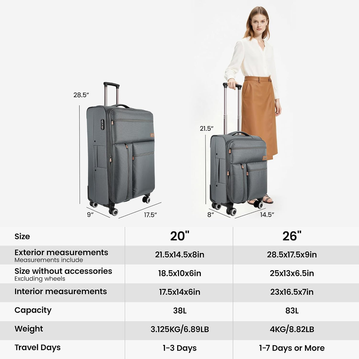 20'' Carry on Luggage,Softside Suitcase w/TSA LOCK,Expandable 20% Luggage w/Double Spinner Wheels,Lightweight Rolling Suitcases for Men/Women（Navy,20in）
