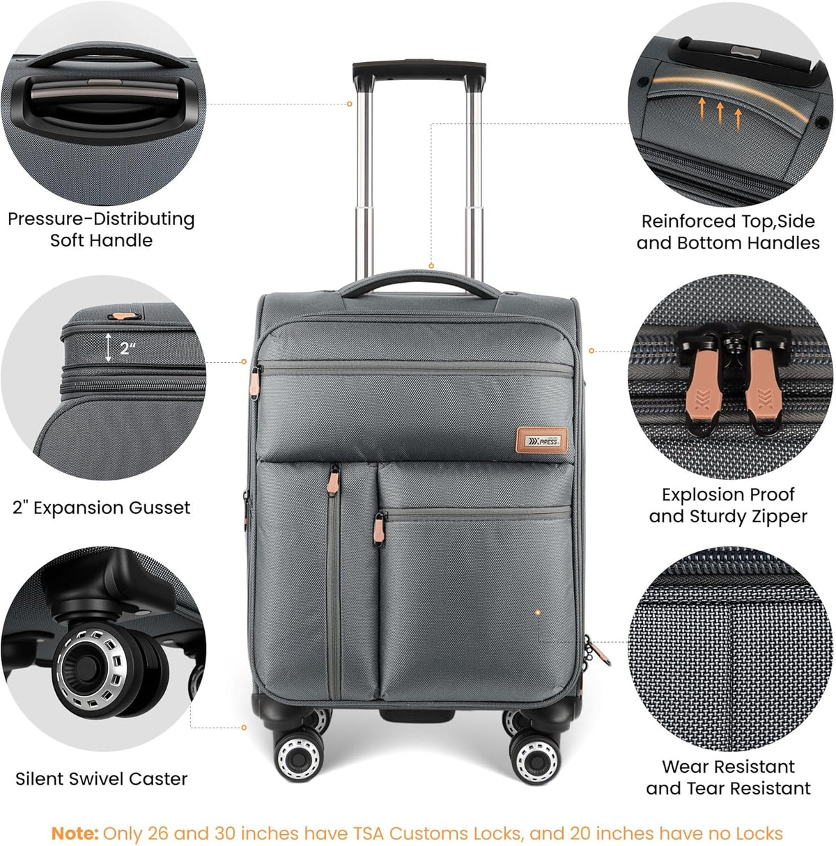 20'' Carry on Luggage,Softside Suitcase w/TSA LOCK,Expandable 20% Luggage w/Double Spinner Wheels,Lightweight Rolling Suitcases for Men/Women（Navy,20in）