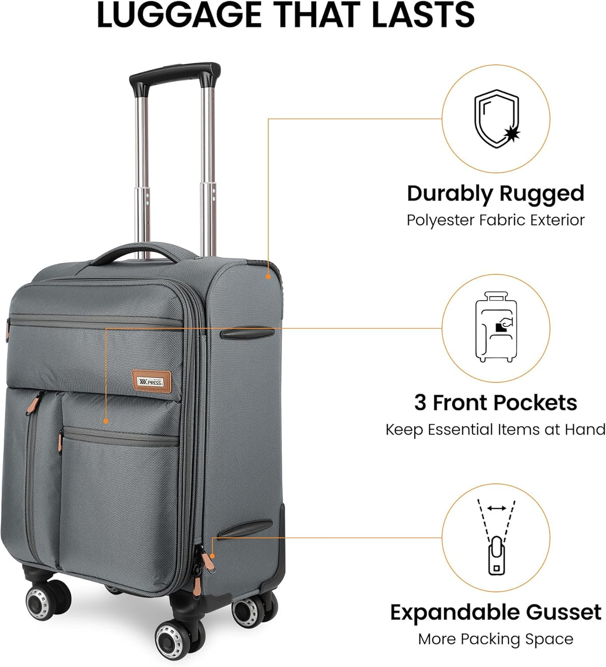20'' Carry on Luggage,Softside Suitcase w/TSA LOCK,Expandable 20% Luggage w/Double Spinner Wheels,Lightweight Rolling Suitcases for Men/Women（Navy,20in）