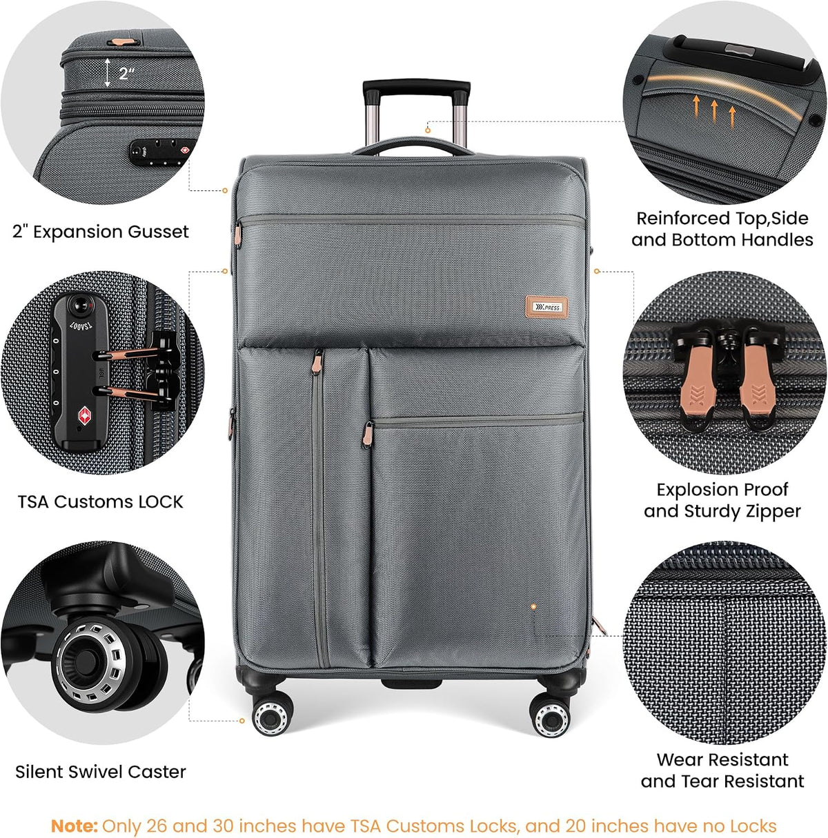 20'' Carry on Luggage,Softside Suitcase w/TSA LOCK,Expandable 20% Luggage w/Double Spinner Wheels,Lightweight Rolling Suitcases for Men/Women（Navy,20in）