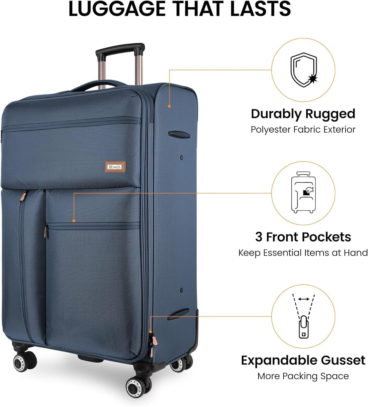 20'' Carry on Luggage,Softside Suitcase w/TSA LOCK,Expandable 20% Luggage w/Double Spinner Wheels,Lightweight Rolling Suitcases for Men/Women（Navy,20in）