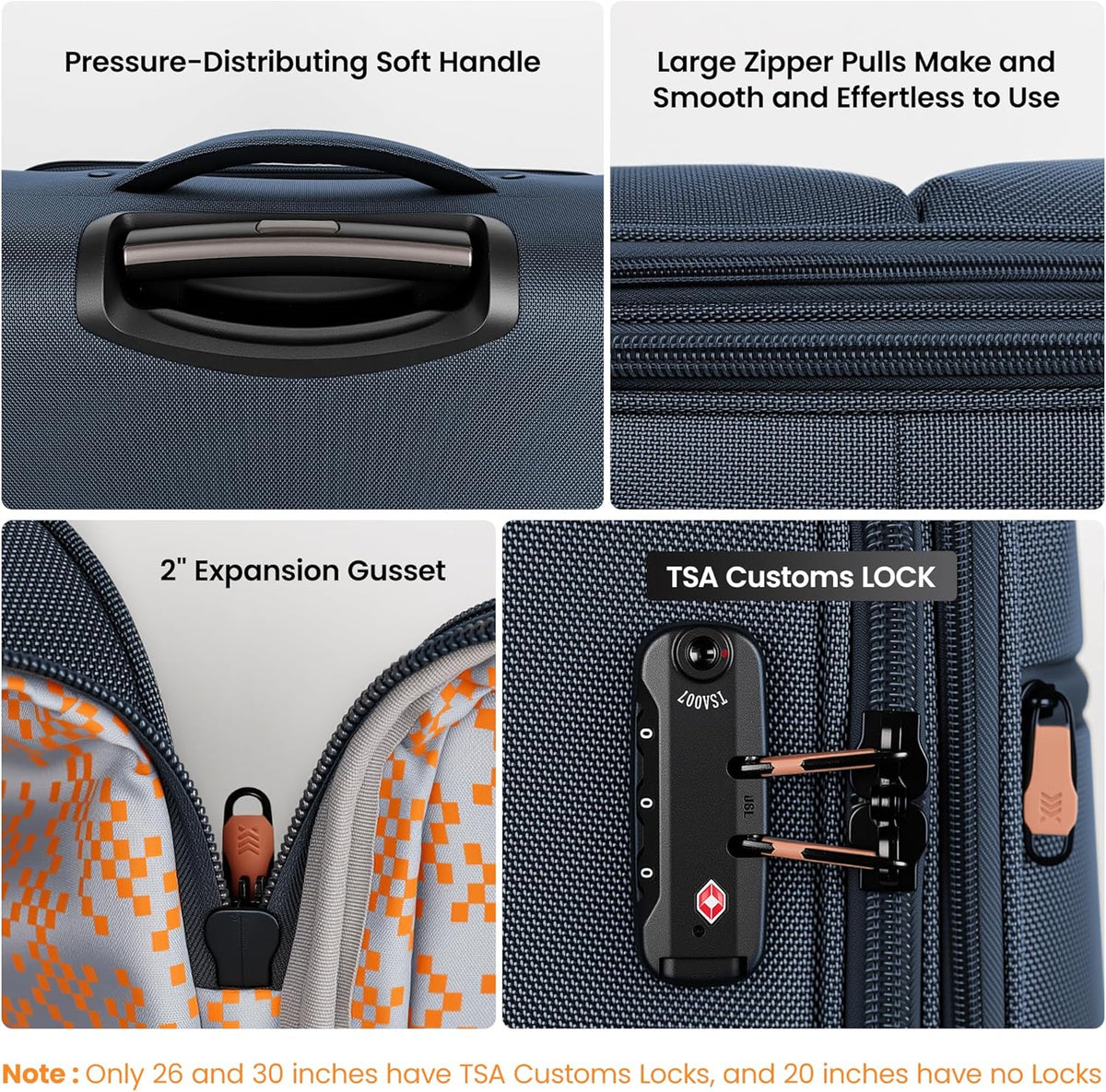 20'' Carry on Luggage,Softside Suitcase w/TSA LOCK,Expandable 20% Luggage w/Double Spinner Wheels,Lightweight Rolling Suitcases for Men/Women（Navy,20in）