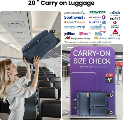 20'' Carry on Luggage,Softside Suitcase w/TSA LOCK,Expandable 20% Luggage w/Double Spinner Wheels,Lightweight Rolling Suitcases for Men/Women（Navy,20in）