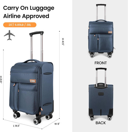 20'' Carry on Luggage,Softside Suitcase w/TSA LOCK,Expandable 20% Luggage w/Double Spinner Wheels,Lightweight Rolling Suitcases for Men/Women（Navy,20in）