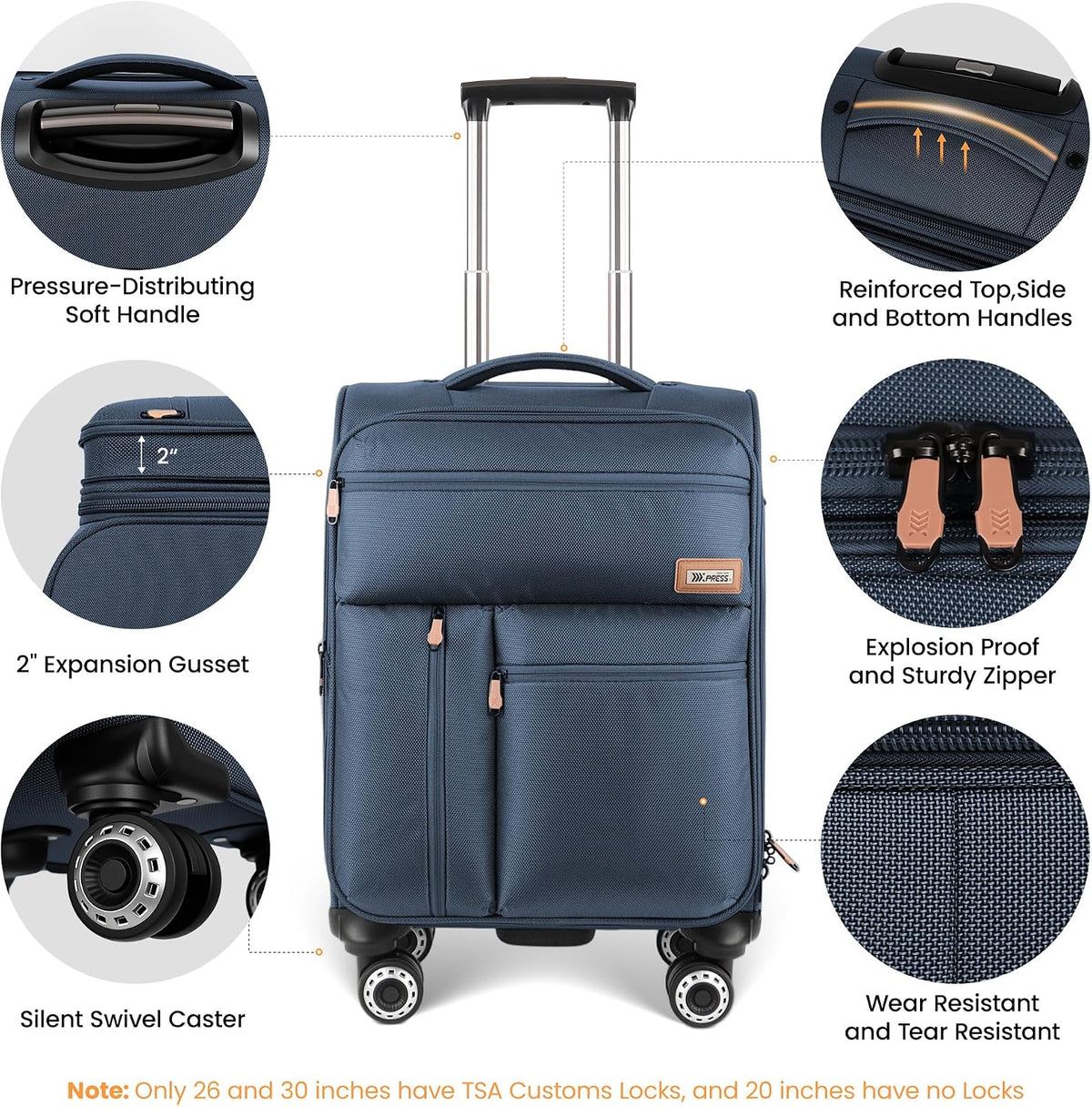 20'' Carry on Luggage,Softside Suitcase w/TSA LOCK,Expandable 20% Luggage w/Double Spinner Wheels,Lightweight Rolling Suitcases for Men/Women（Navy,20in）