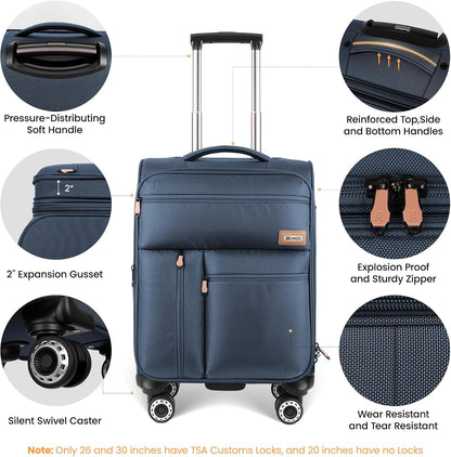 20'' Carry on Luggage,Softside Suitcase w/TSA LOCK,Expandable 20% Luggage w/Double Spinner Wheels,Lightweight Rolling Suitcases for Men/Women（Navy,20in）