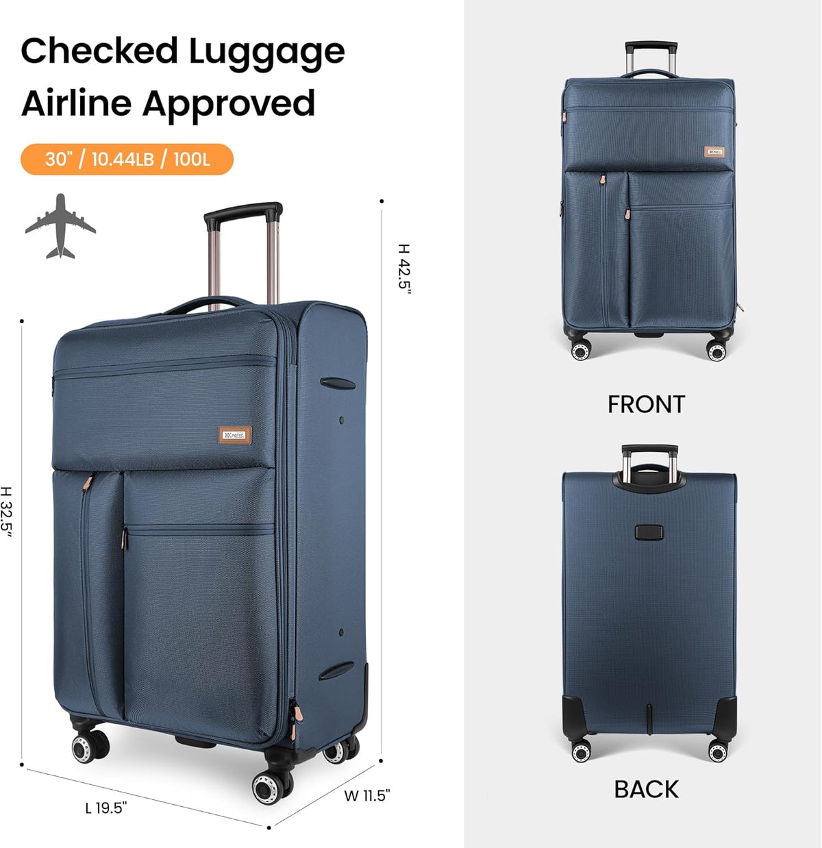 20'' Carry on Luggage,Softside Suitcase w/TSA LOCK,Expandable 20% Luggage w/Double Spinner Wheels,Lightweight Rolling Suitcases for Men/Women（Navy,20in）