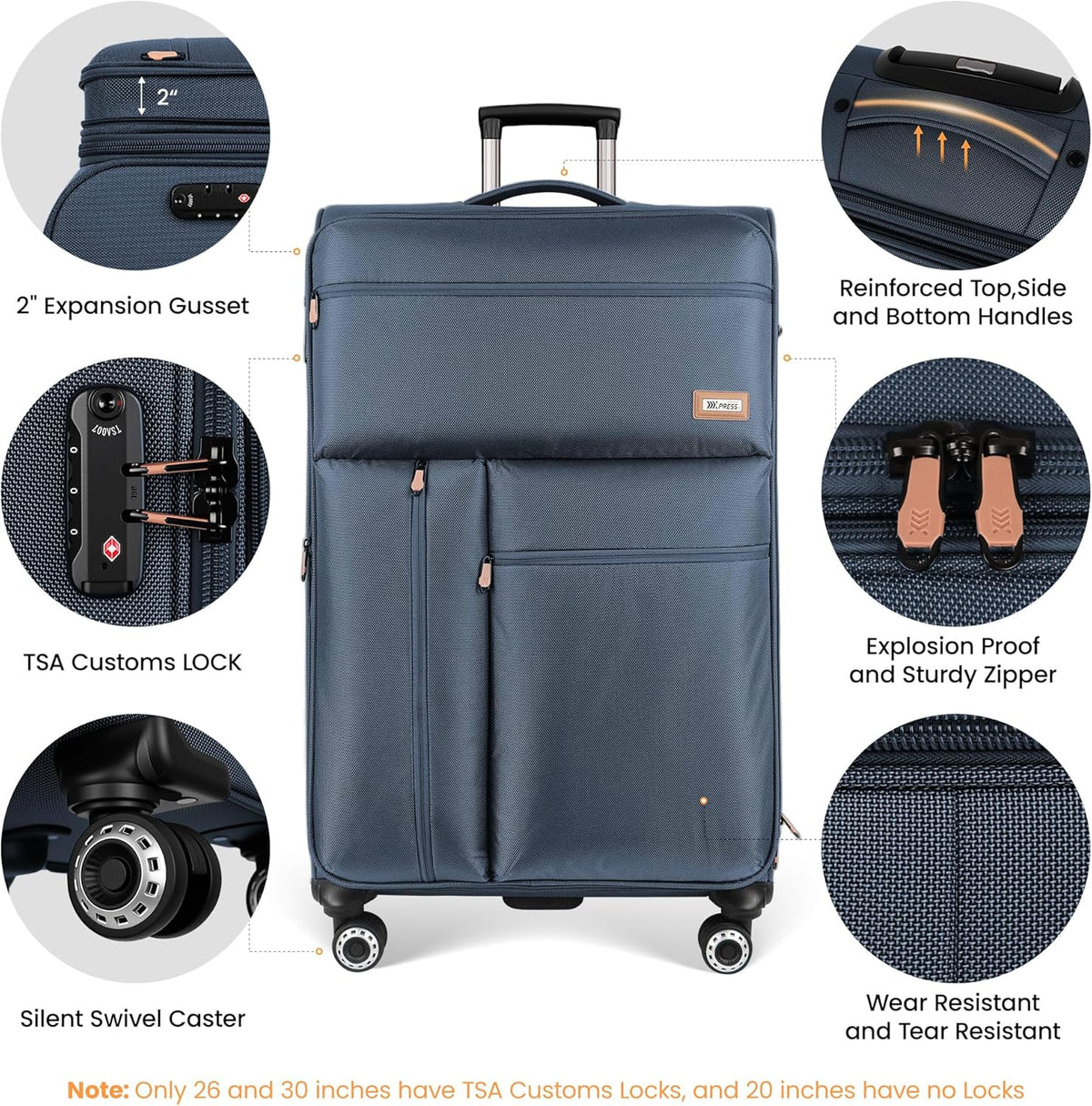 20'' Carry on Luggage,Softside Suitcase w/TSA LOCK,Expandable 20% Luggage w/Double Spinner Wheels,Lightweight Rolling Suitcases for Men/Women（Navy,20in）