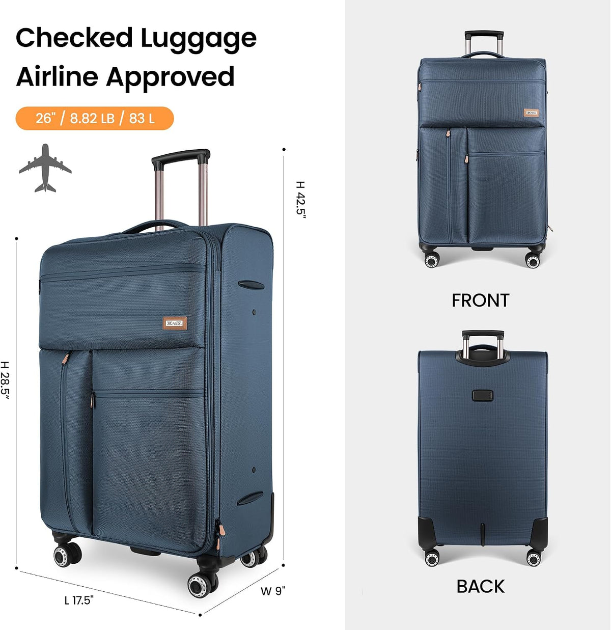 20'' Carry on Luggage,Softside Suitcase w/TSA LOCK,Expandable 20% Luggage w/Double Spinner Wheels,Lightweight Rolling Suitcases for Men/Women（Navy,20in）