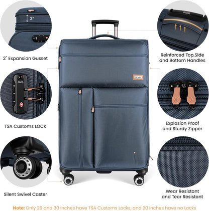 20'' Carry on Luggage,Softside Suitcase w/TSA LOCK,Expandable 20% Luggage w/Double Spinner Wheels,Lightweight Rolling Suitcases for Men/Women（Navy,20in）