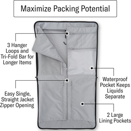 UpLIFT 23” Bifold Garment Bag - Includes Wet Pocket and StackIt Strap™ Bi-Fold Bar To Prevent Creases - Tri-Fold Bar Option For Longer Items - Designed For Ultra Light Travel - Black
