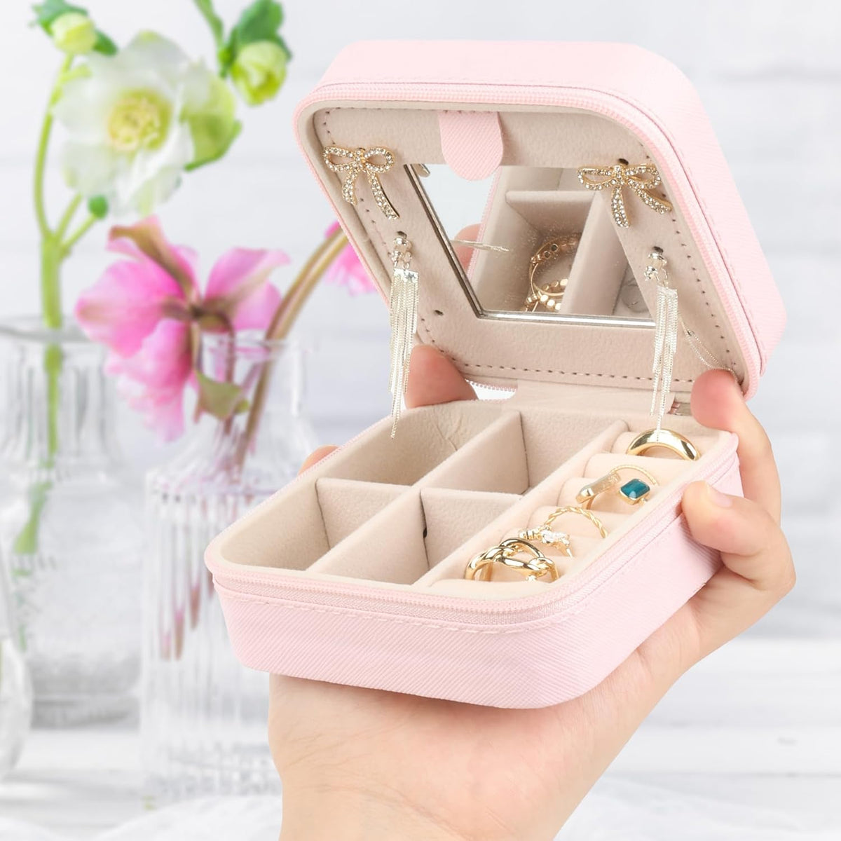 Travel Jewelry Case for Women Girls, Jewelry Box Organizer,6.3x4.3In,Pink