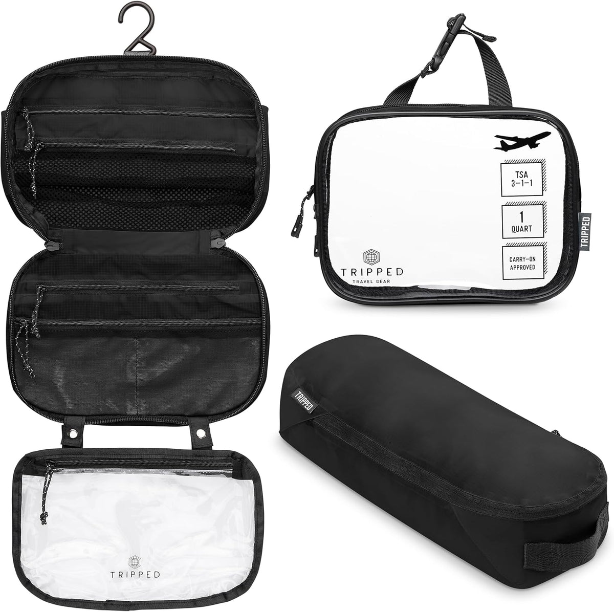 Toiletry Bag Kit 3 Piece Set: Hanging Travel Toiletry Bag + 311 TSA Cosmetic Liquid Bag + Accessory Organizer Pouch
