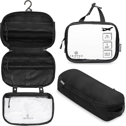 Toiletry Bag Kit 3 Piece Set: Hanging Travel Toiletry Bag + 311 TSA Cosmetic Liquid Bag + Accessory Organizer Pouch