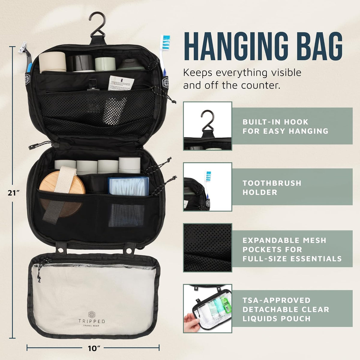 Toiletry Bag Kit 3 Piece Set: Hanging Travel Toiletry Bag + 311 TSA Cosmetic Liquid Bag + Accessory Organizer Pouch