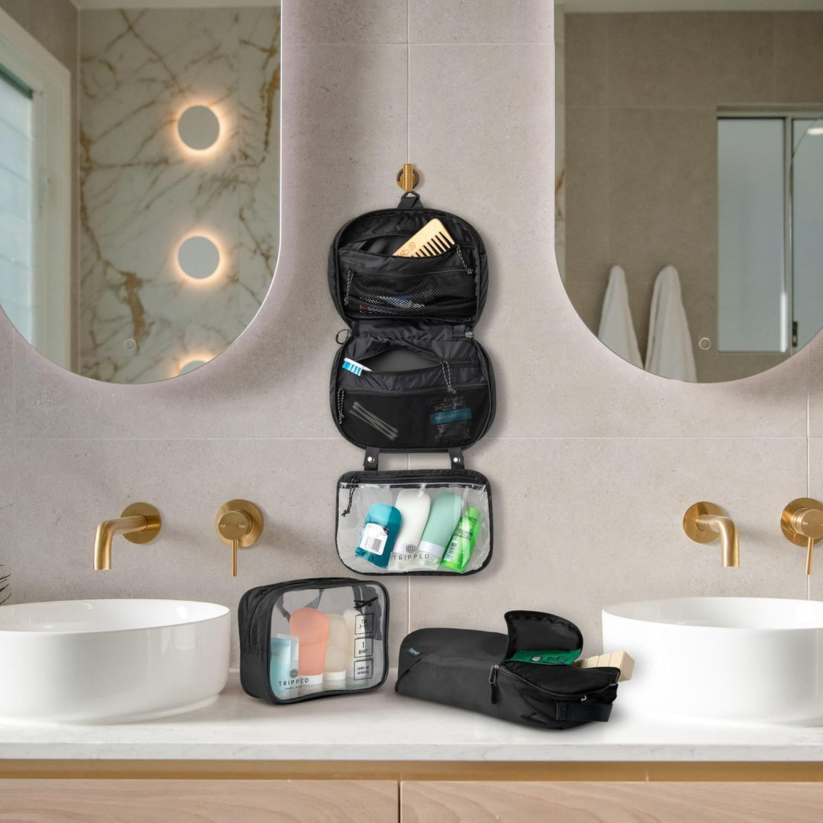 Toiletry Bag Kit 3 Piece Set: Hanging Travel Toiletry Bag + 311 TSA Cosmetic Liquid Bag + Accessory Organizer Pouch