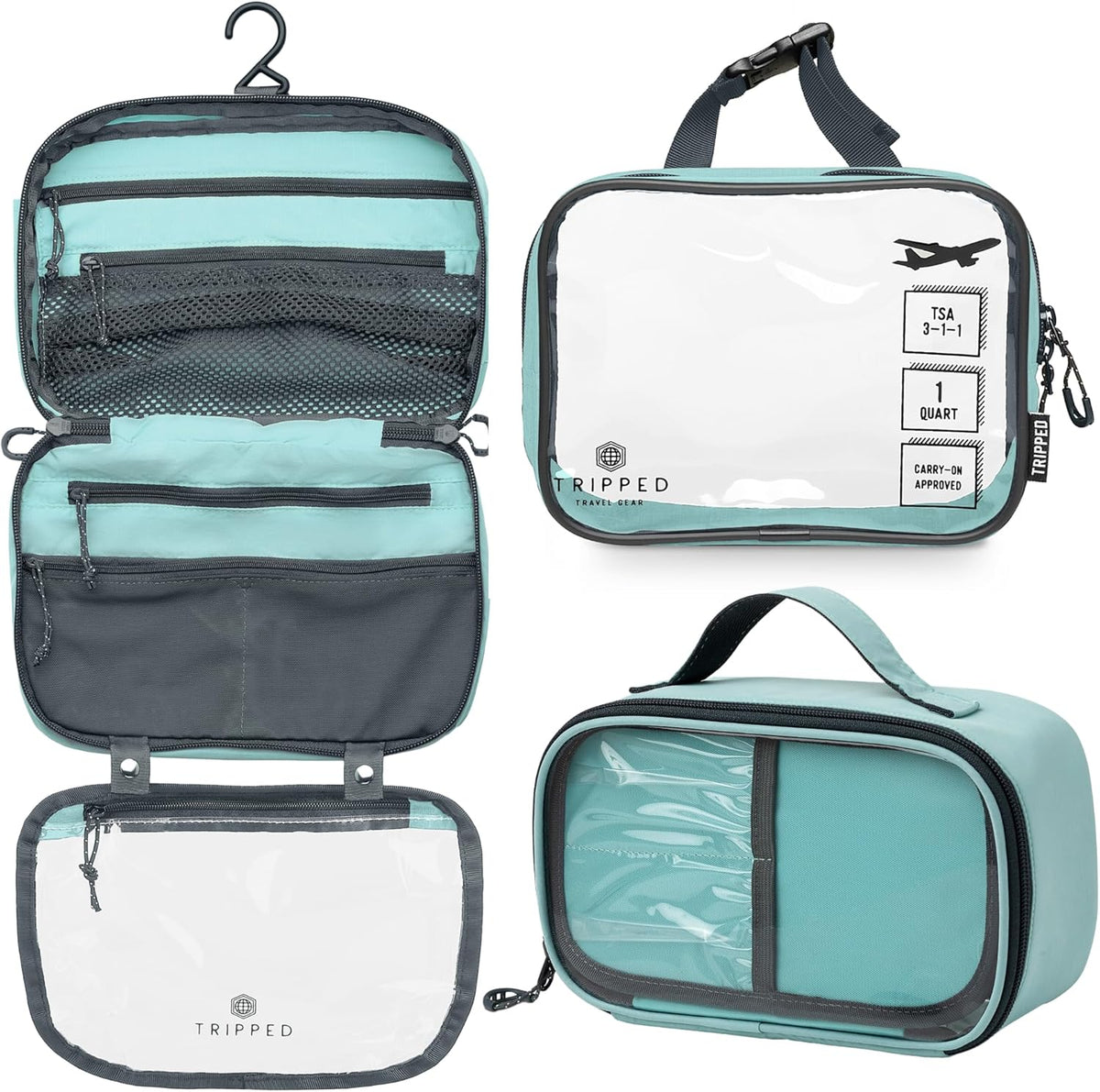 Toiletry Bag Kit 3 Piece Set: Hanging Travel Toiletry Bag + 311 TSA Cosmetic Liquid Bag + Accessory Organizer Pouch