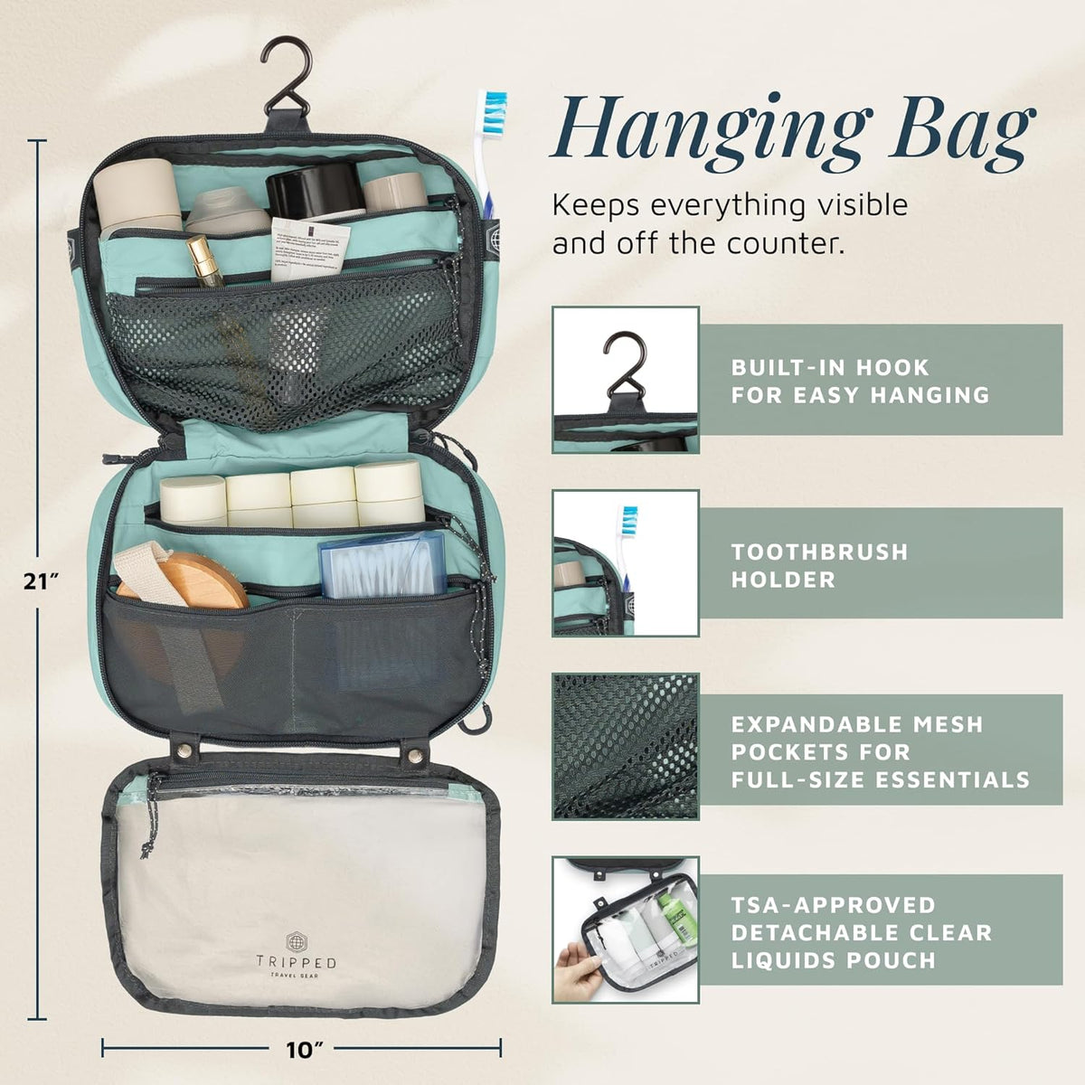 Toiletry Bag Kit 3 Piece Set: Hanging Travel Toiletry Bag + 311 TSA Cosmetic Liquid Bag + Accessory Organizer Pouch